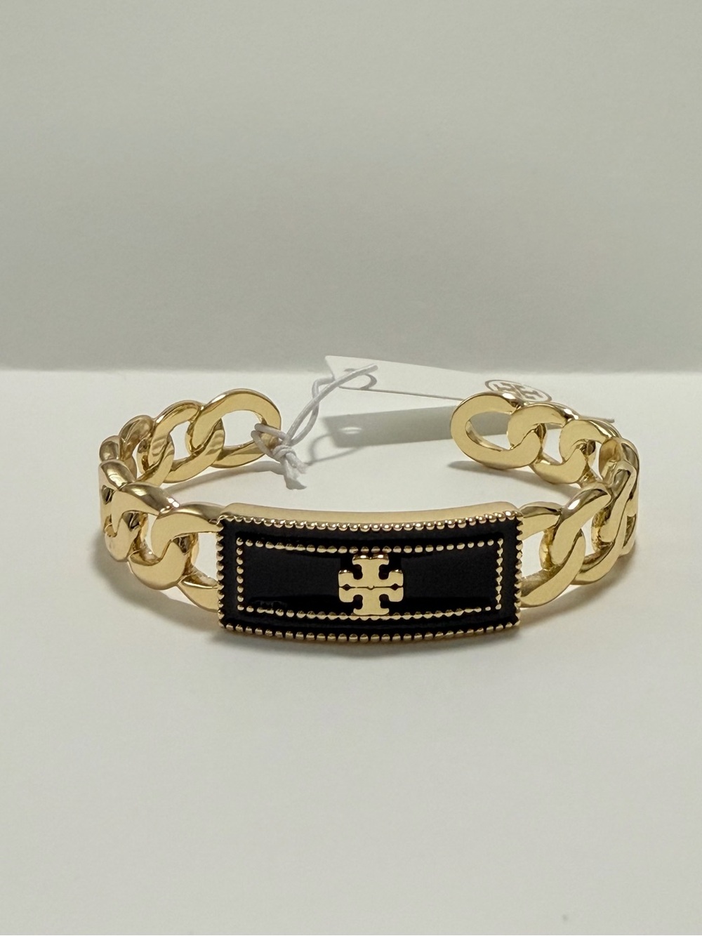 Tory Burch Milgrain Logo Black & Gold Chain Link Cuff Bangle Bracelet NWT